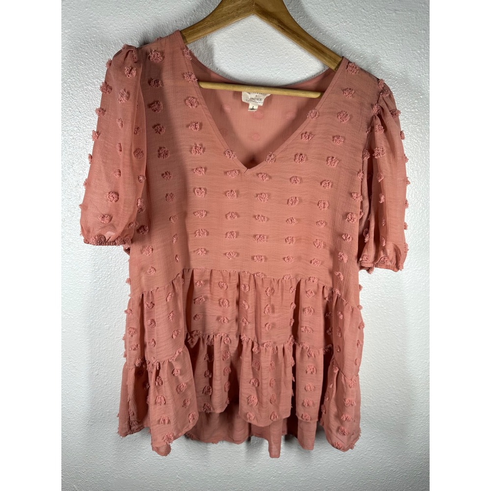 Flower & Feather Top Womens L Pink Swiss Dot Babydoll Tiered Puff Sleeve Peplum